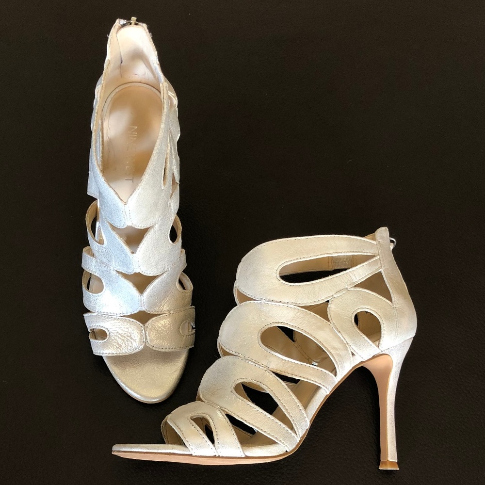 Nine West Flora Caged Sandal Heel Metallic Silver